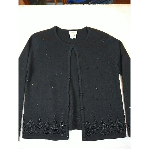 Talbots Cardigan Sweater Women's Medium Wool Black Bead Sequin Button - Picture 4 of 11